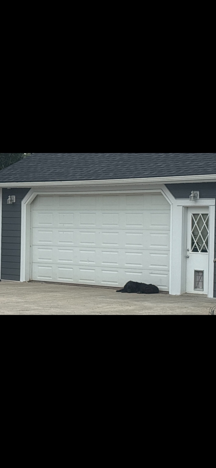 White garage door with shaped trim and matching entry door