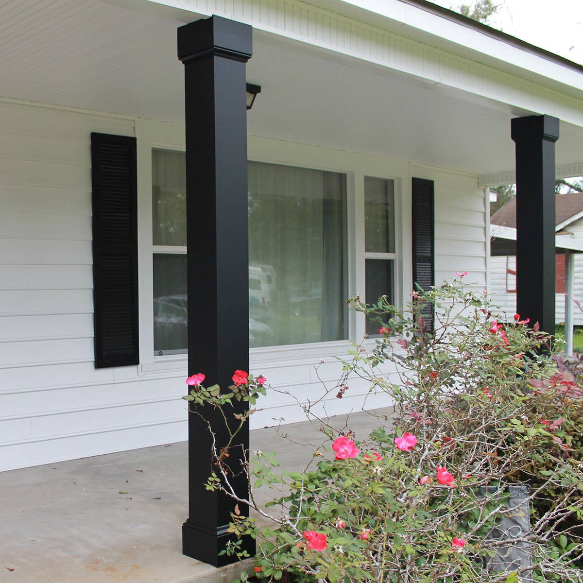 Black square aluminum porch columns