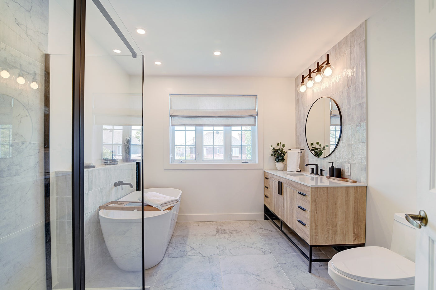 Completed bathroom vanity and tile finishes
