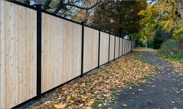 Natural wood privacy fence with black posts