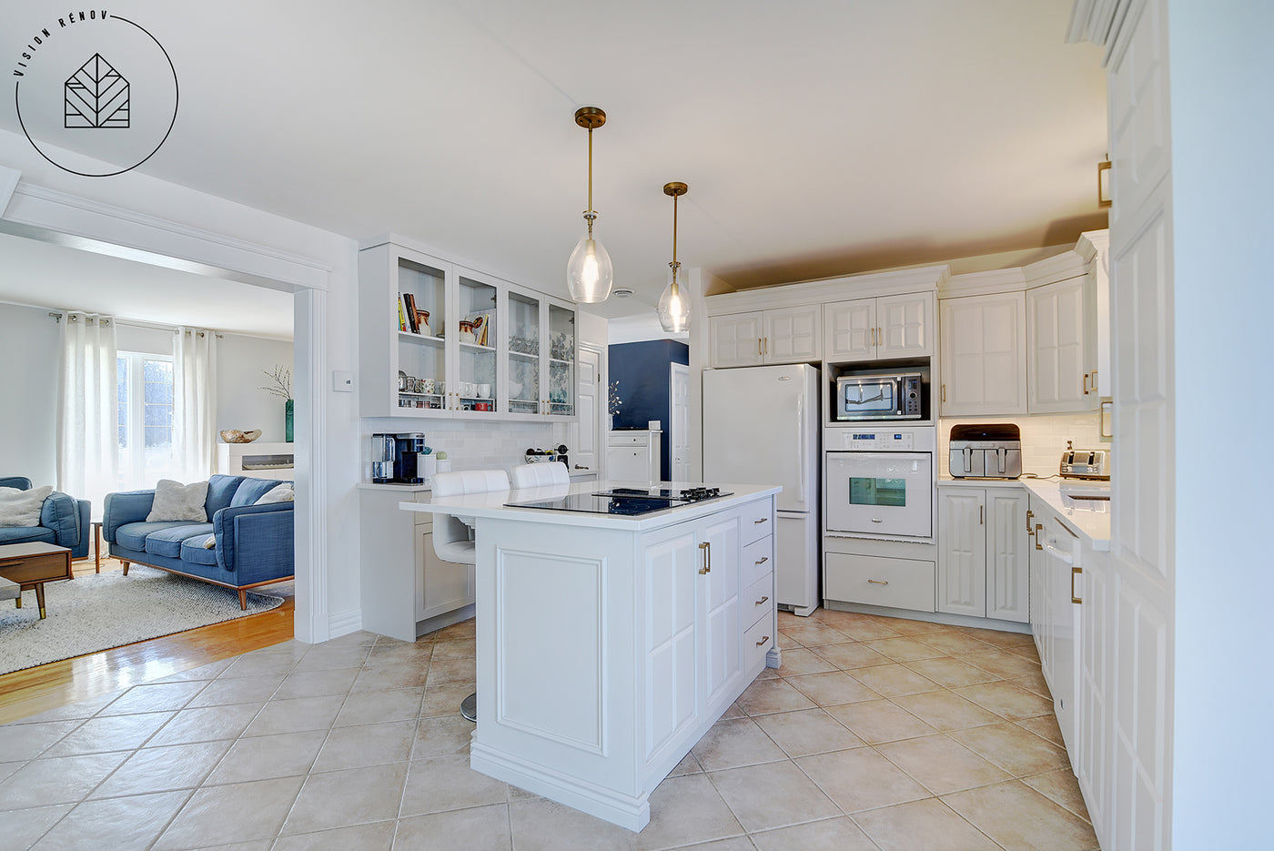 Open-plan renovation with cabinets and ceiling detail