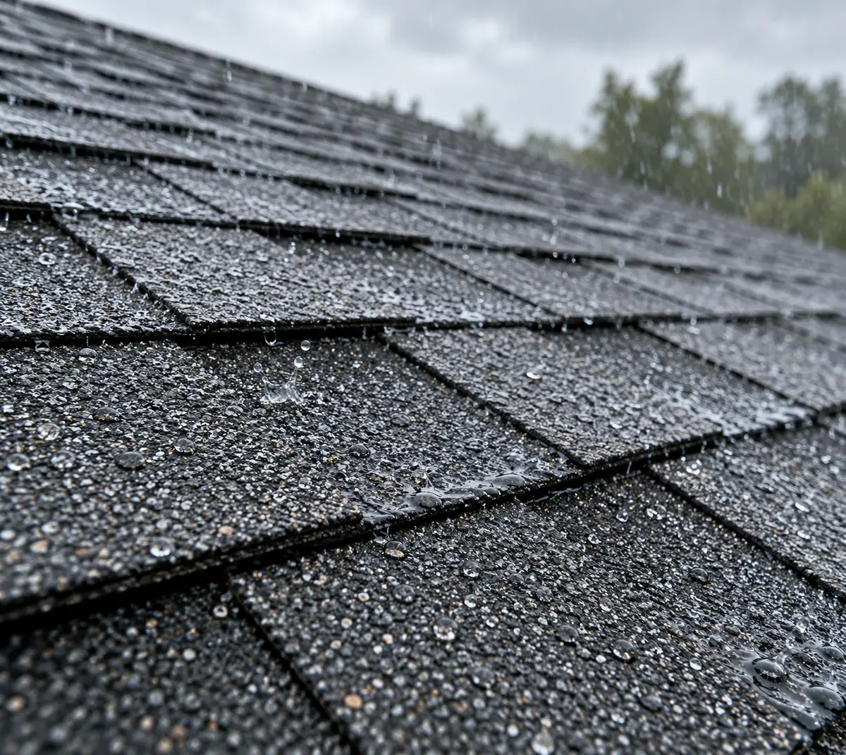 Close-up of charcoal asphalt roof shingles in the rain